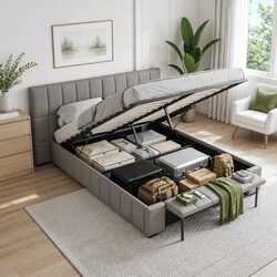 Upholstered Double Bed Frame with Gas Lift Storage