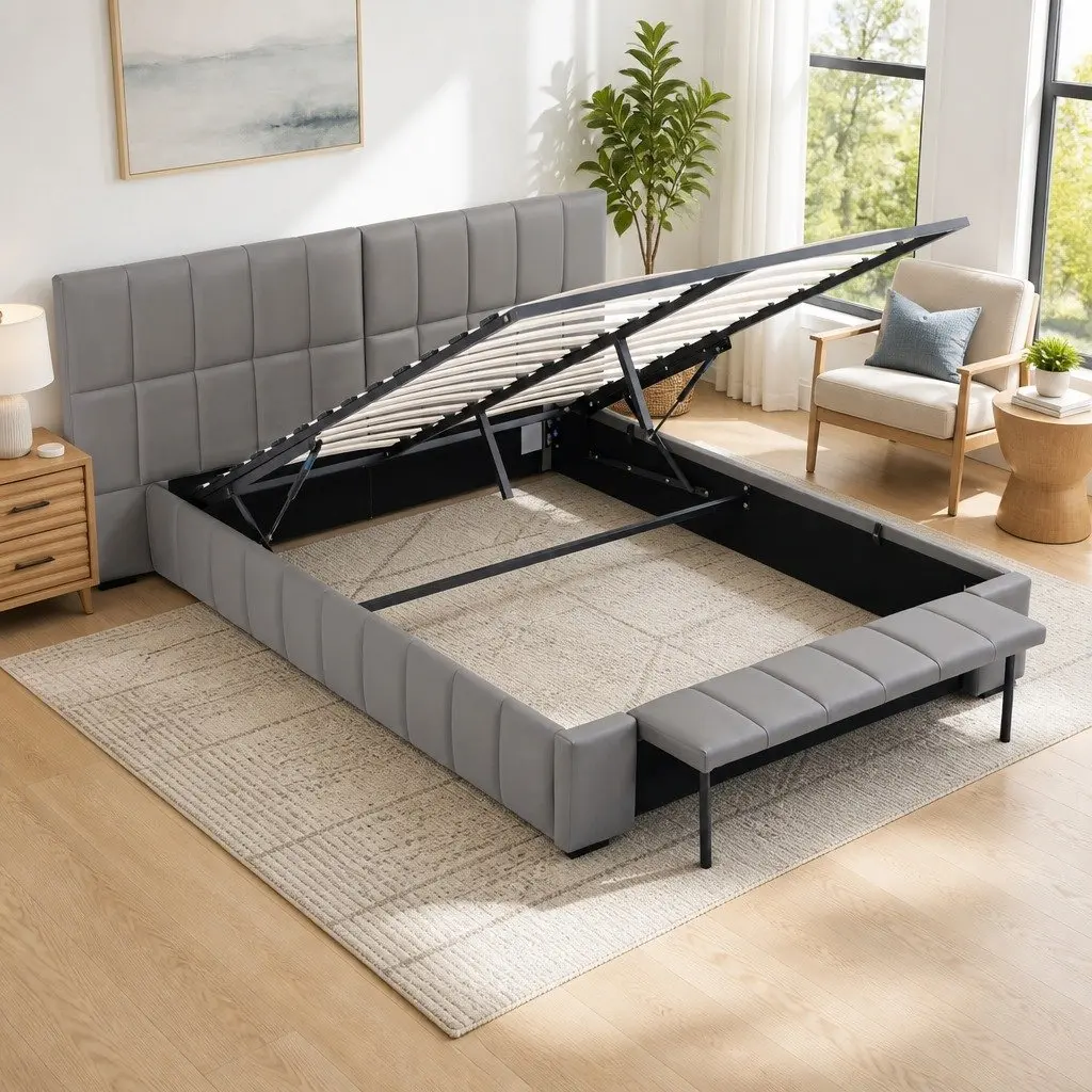 Double Bed Frame Gas Lift Storage Upholstered Grey Platform 147W x 220L x 99H cm PVC Leather Plywood Pine Wood Metal