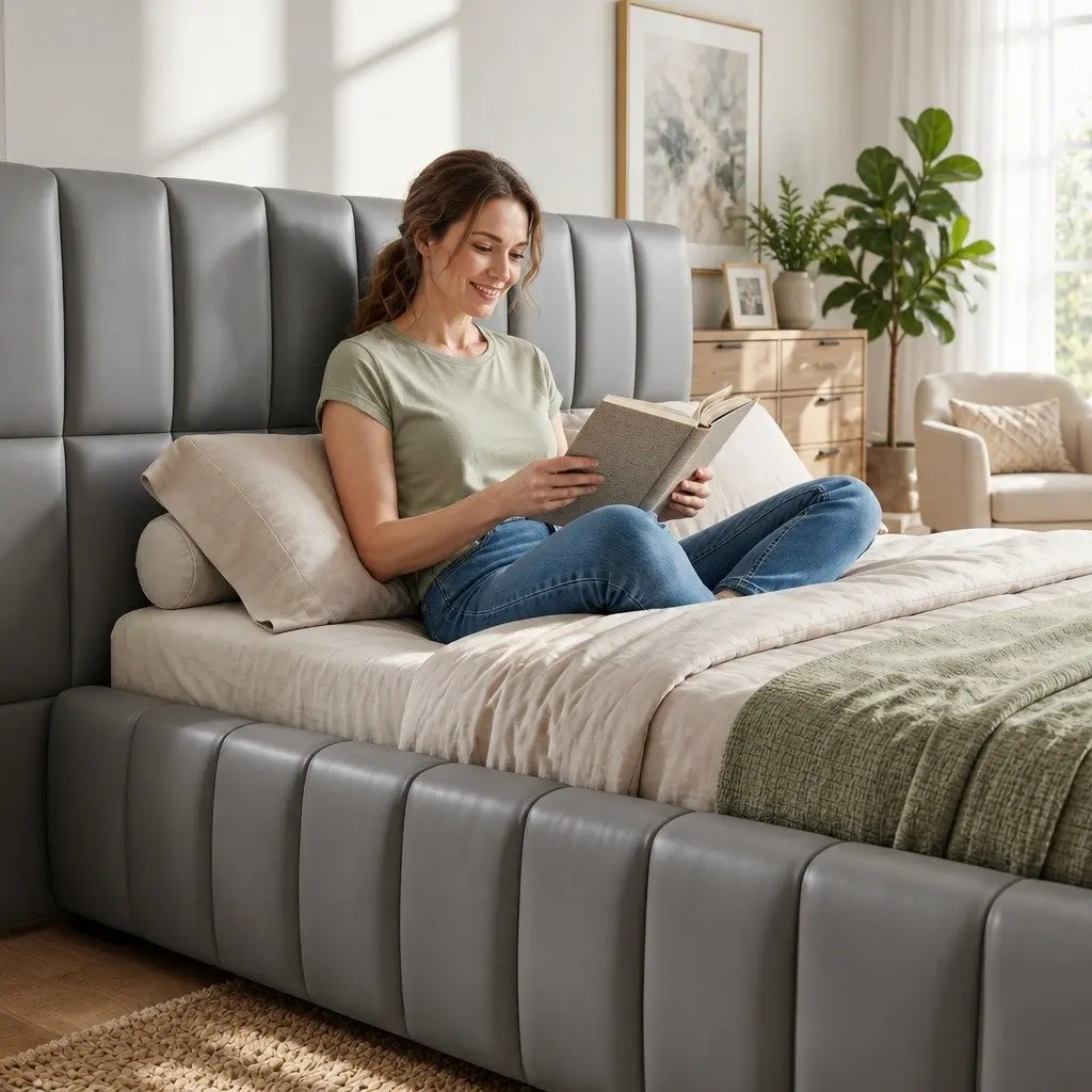 Double Bed Frame Gas Lift Storage Upholstered Grey Platform 147W x 220L x 99H cm PVC Leather Plywood Pine Wood Metal