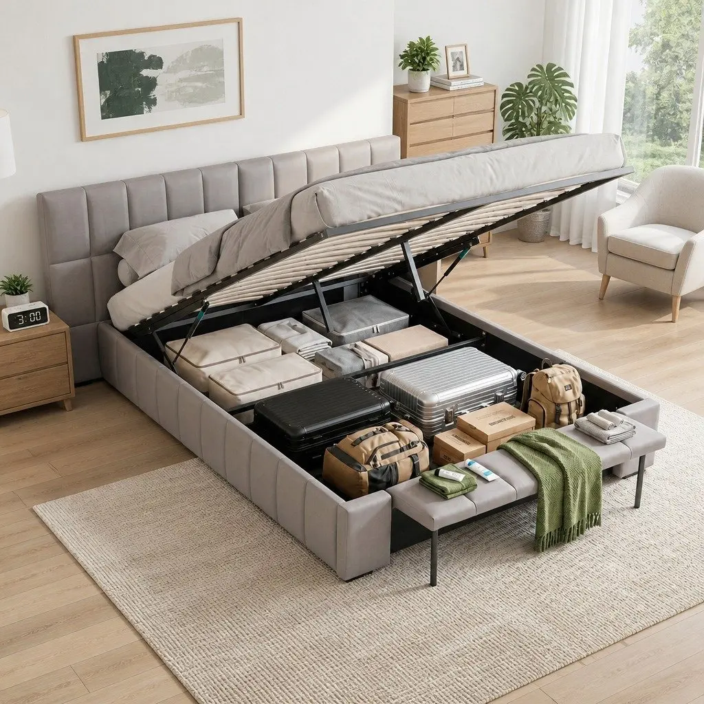 Double Bed Frame Gas Lift Storage Upholstered Grey Platform 147W x 220L x 99H cm PVC Leather Plywood Pine Wood Metal