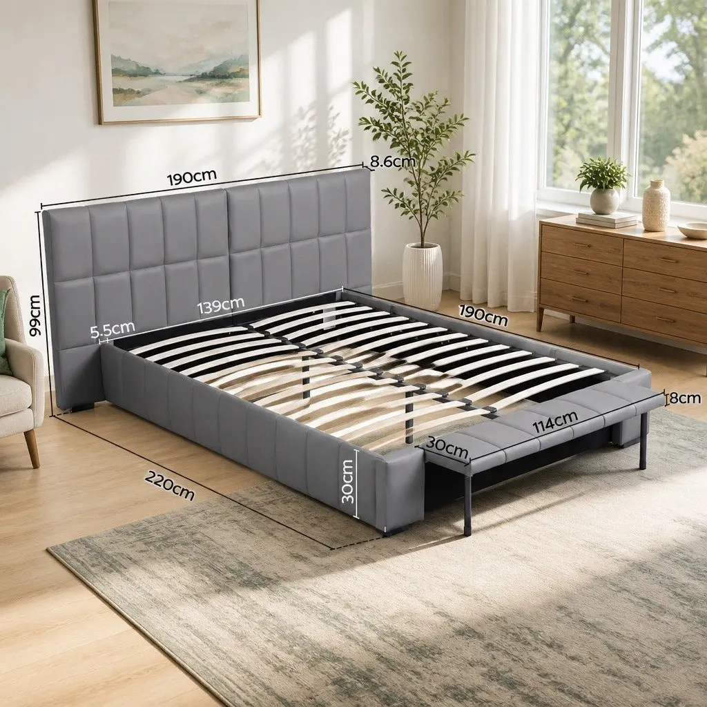 Double Bed Frame Gas Lift Storage Upholstered Grey Platform 147W x 220L x 99H cm PVC Leather Plywood Pine Wood Metal