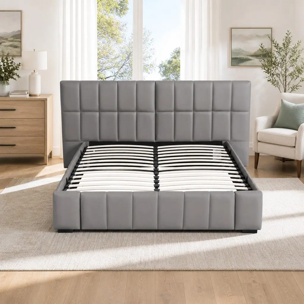 Double Bed Frame Gas Lift Storage Upholstered Grey Platform 147W x 220L x 99H cm PVC Leather Plywood Pine Wood Metal
