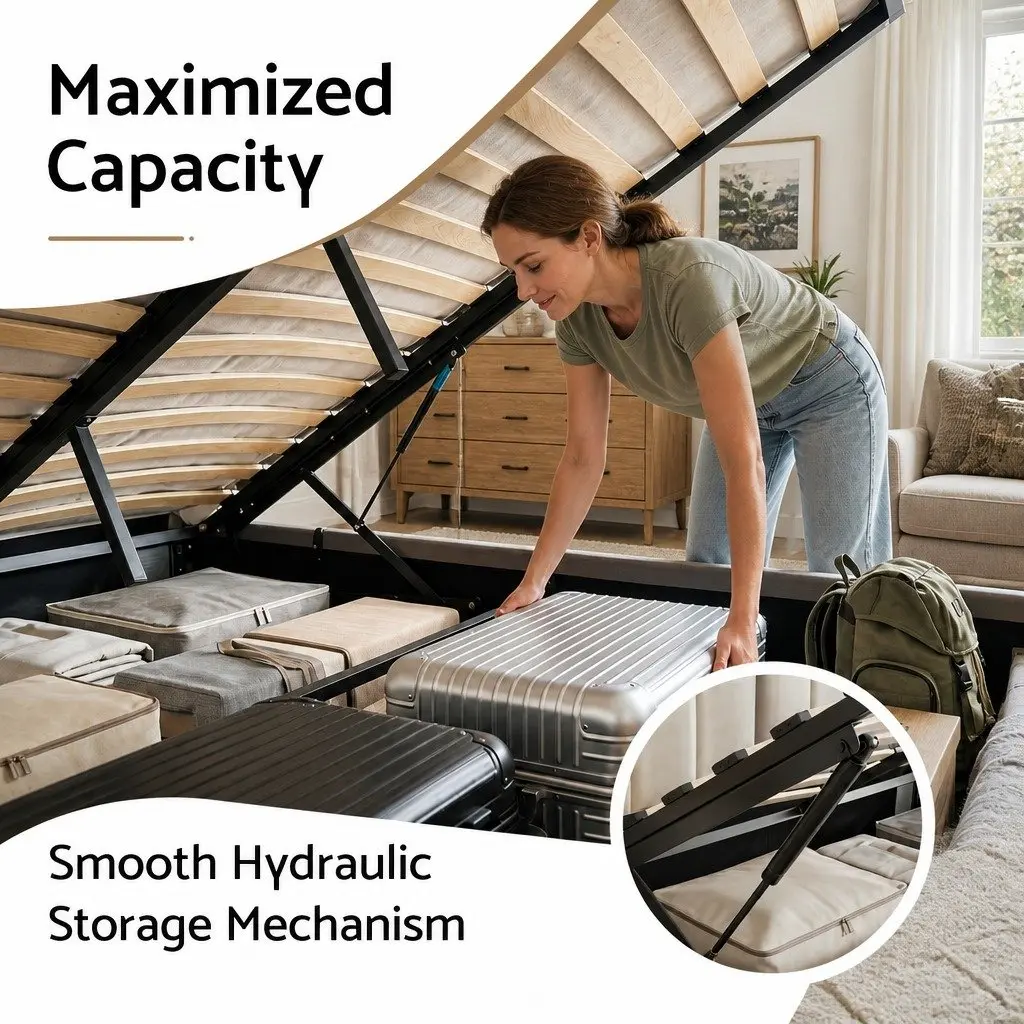 Double Bed Frame Gas Lift Storage Upholstered Grey Platform 147W x 220L x 99H cm PVC Leather Plywood Pine Wood Metal