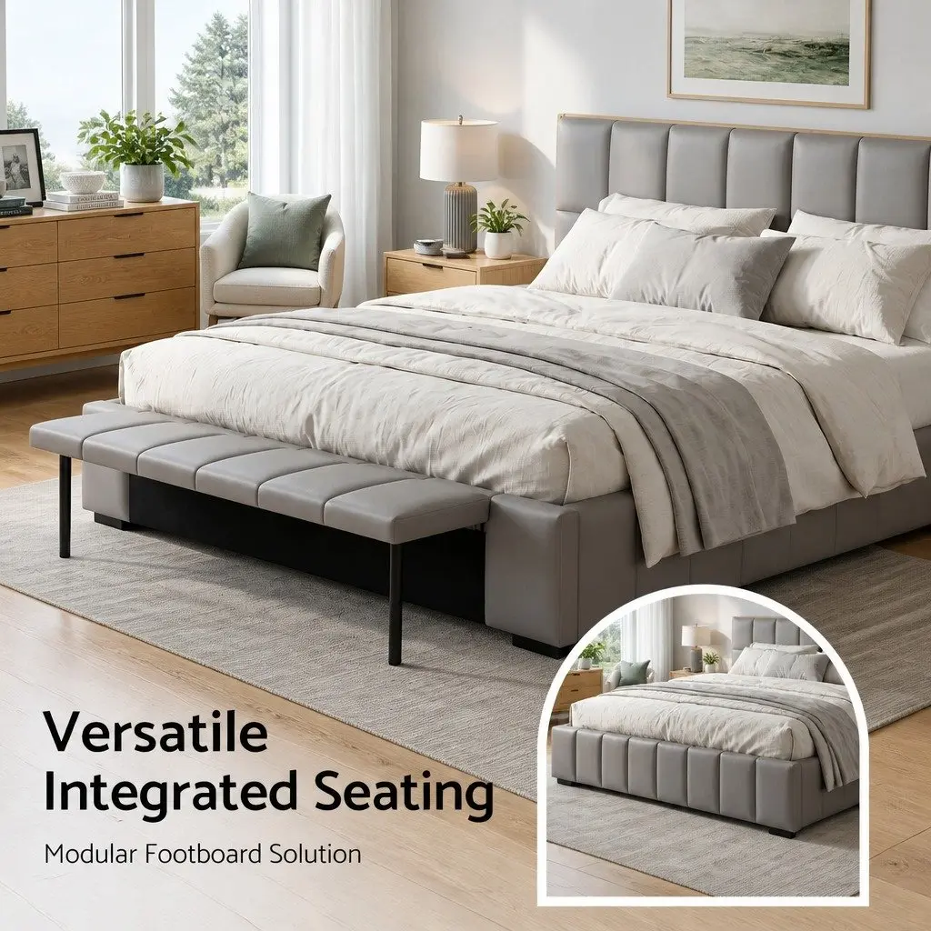 Double Bed Frame Gas Lift Storage Upholstered Grey Platform 147W x 220L x 99H cm PVC Leather Plywood Pine Wood Metal