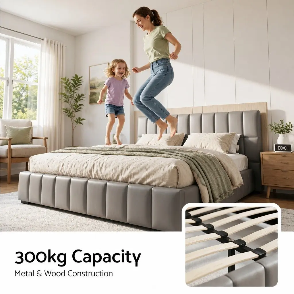 Double Bed Frame Gas Lift Storage Upholstered Grey Platform 147W x 220L x 99H cm PVC Leather Plywood Pine Wood Metal