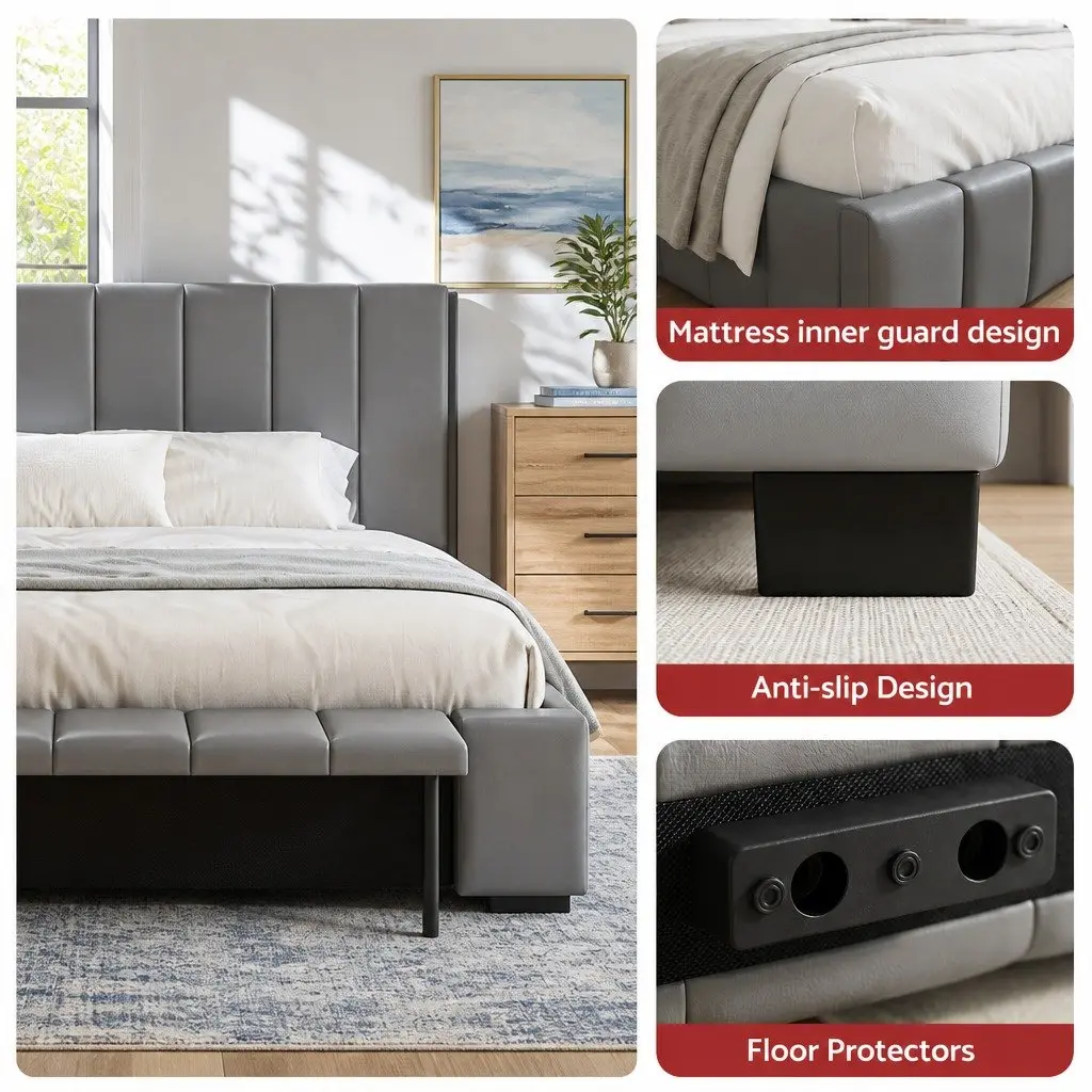 Double Bed Frame Gas Lift Storage Upholstered Grey Platform 147W x 220L x 99H cm PVC Leather Plywood Pine Wood Metal