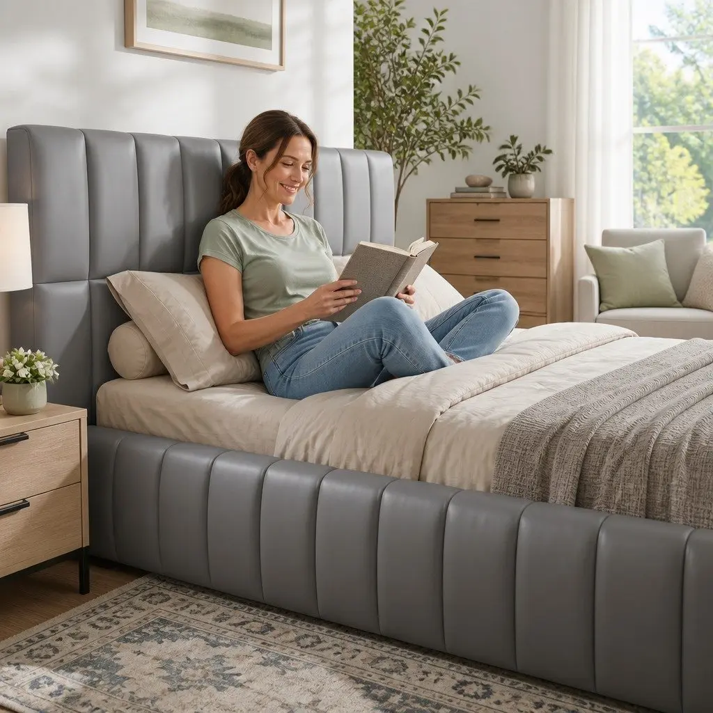 Double Bed Frame Gas Lift Storage Upholstered Grey Platform 147W x 220L x 99H cm PVC Leather Plywood Pine Wood Metal