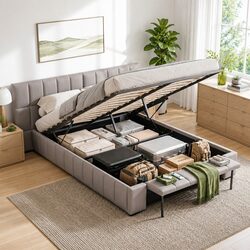 Queen Size Gas Lift Upholstered Bed Frame with Storage