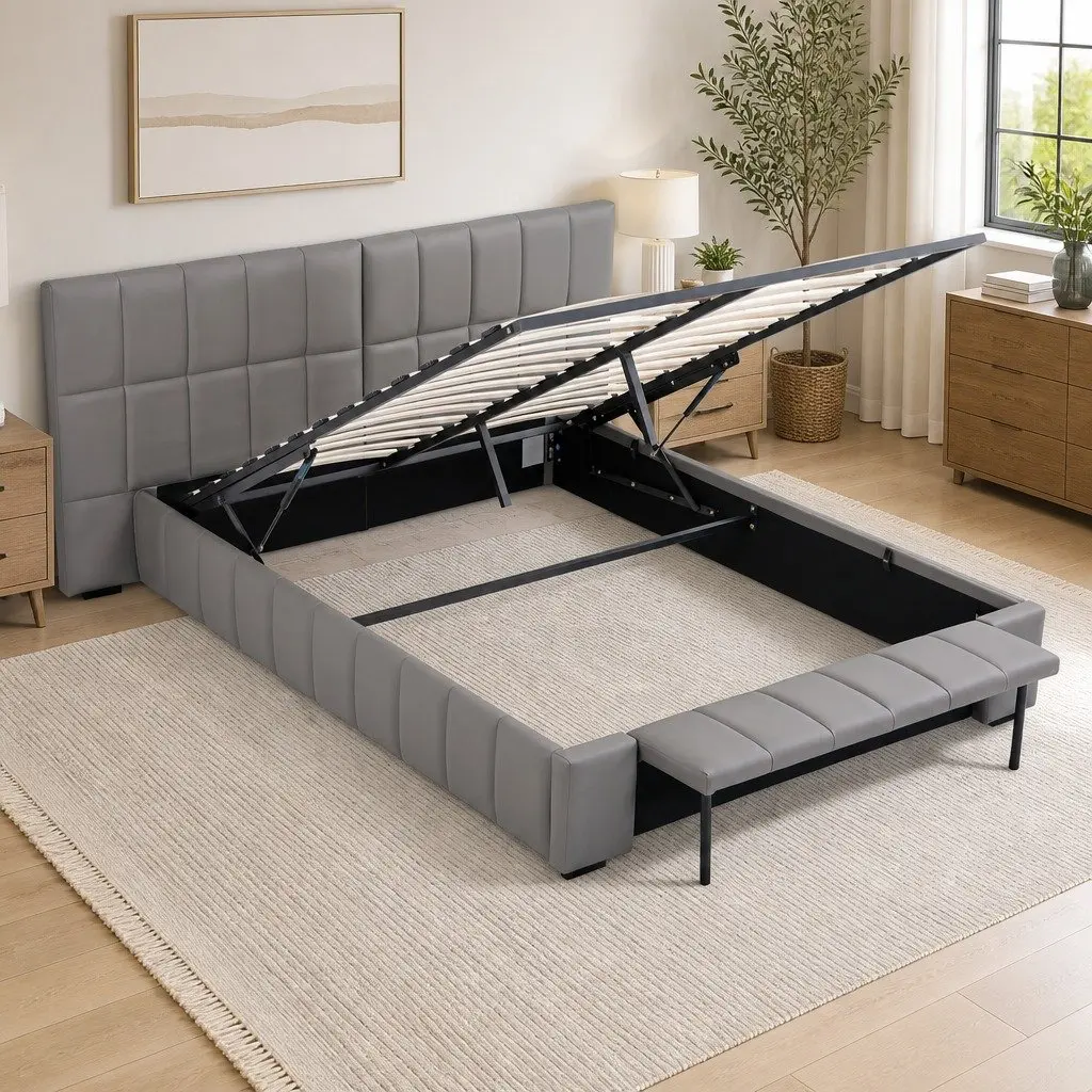 Queen Bed Frame Upholstered Grey Gas Lift Storage Platform Bed with Foldable Bench