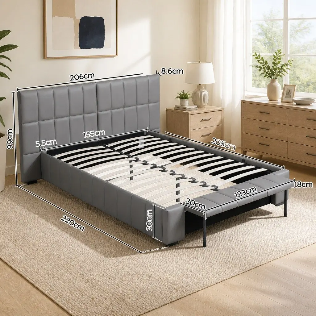 Queen Bed Frame Upholstered Grey Gas Lift Storage Platform Bed with Foldable Bench