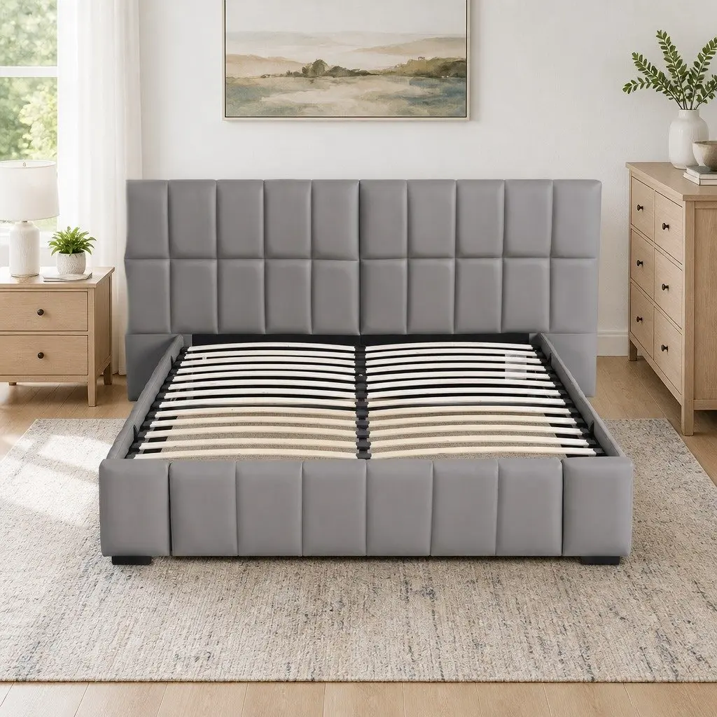 Queen Bed Frame Upholstered Grey Gas Lift Storage Platform Bed with Foldable Bench