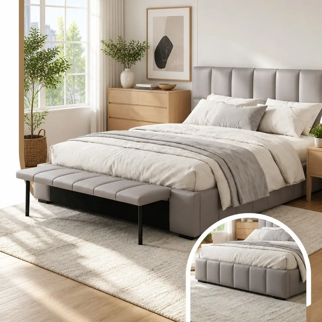 Queen Bed Frame Upholstered Grey Gas Lift Storage Platform Bed with Foldable Bench