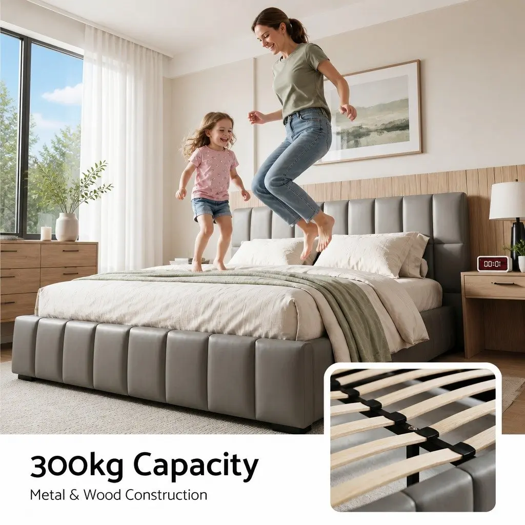 Queen Bed Frame Upholstered Grey Gas Lift Storage Platform Bed with Foldable Bench