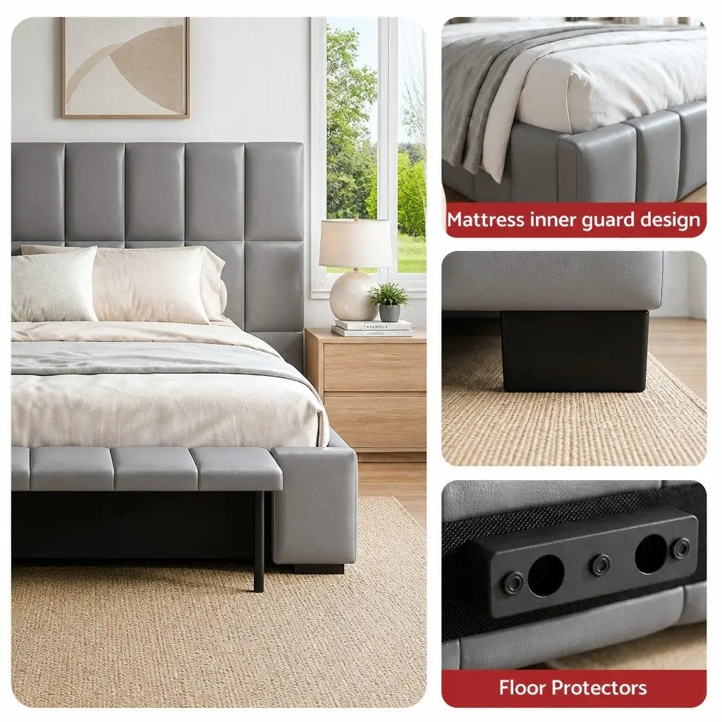 Queen Bed Frame Upholstered Grey Gas Lift Storage Platform Bed with Foldable Bench