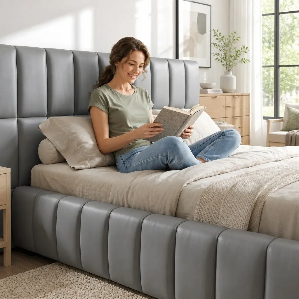 Queen Bed Frame Upholstered Grey Gas Lift Storage Platform Bed with Foldable Bench