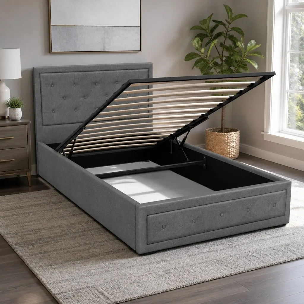 Grey Upholstered King Single Bed Frame with Gas Lift Storage