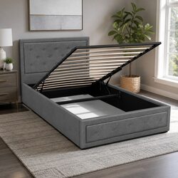 Grey Upholstered King Single Bed Frame with Gas Lift Storage