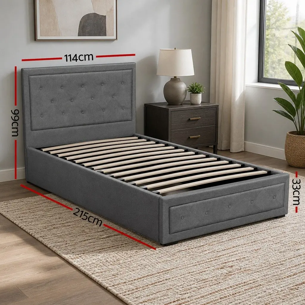 Grey Upholstered King Single Bed Frame with Gas Lift Storage