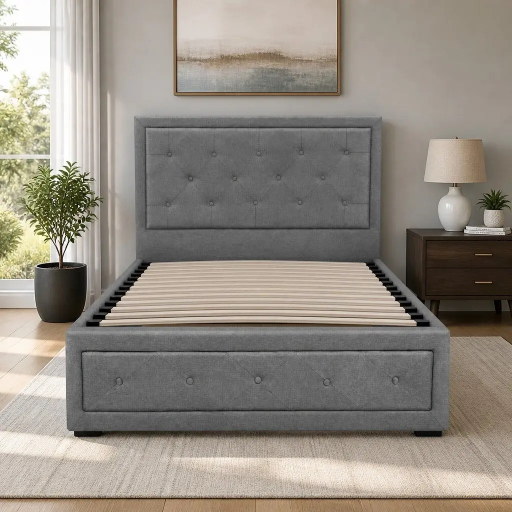 Grey Upholstered King Single Bed Frame with Gas Lift Storage