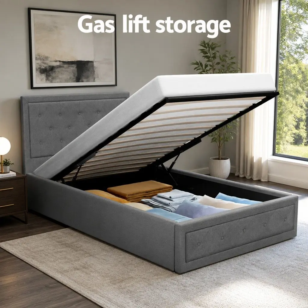 Grey Upholstered King Single Bed Frame with Gas Lift Storage