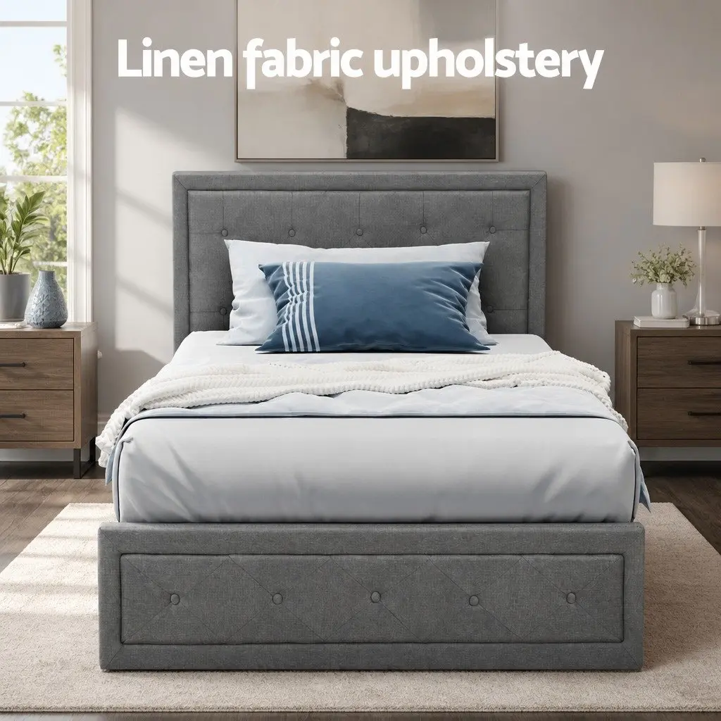 Grey Upholstered King Single Bed Frame with Gas Lift Storage