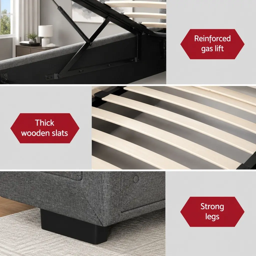 Grey Upholstered King Single Bed Frame with Gas Lift Storage