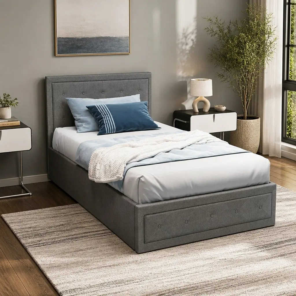 Grey Upholstered King Single Bed Frame with Gas Lift Storage