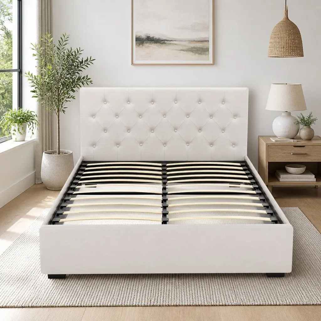 Beige Upholstered Double Bed Frame with Gas Lift Storage