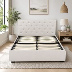 Beige Upholstered Double Bed Frame with Gas Lift Storage