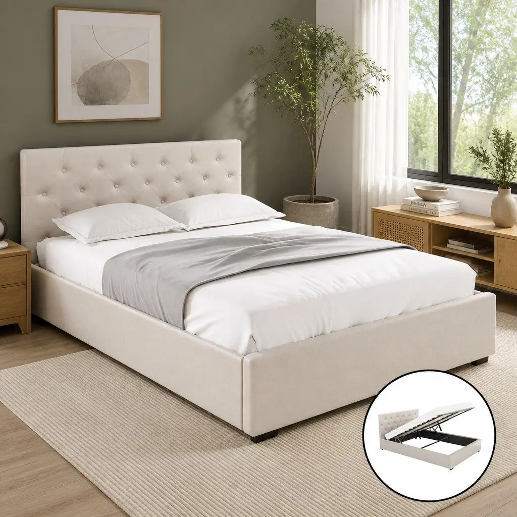 Beige Upholstered Double Bed Frame with Gas Lift Storage