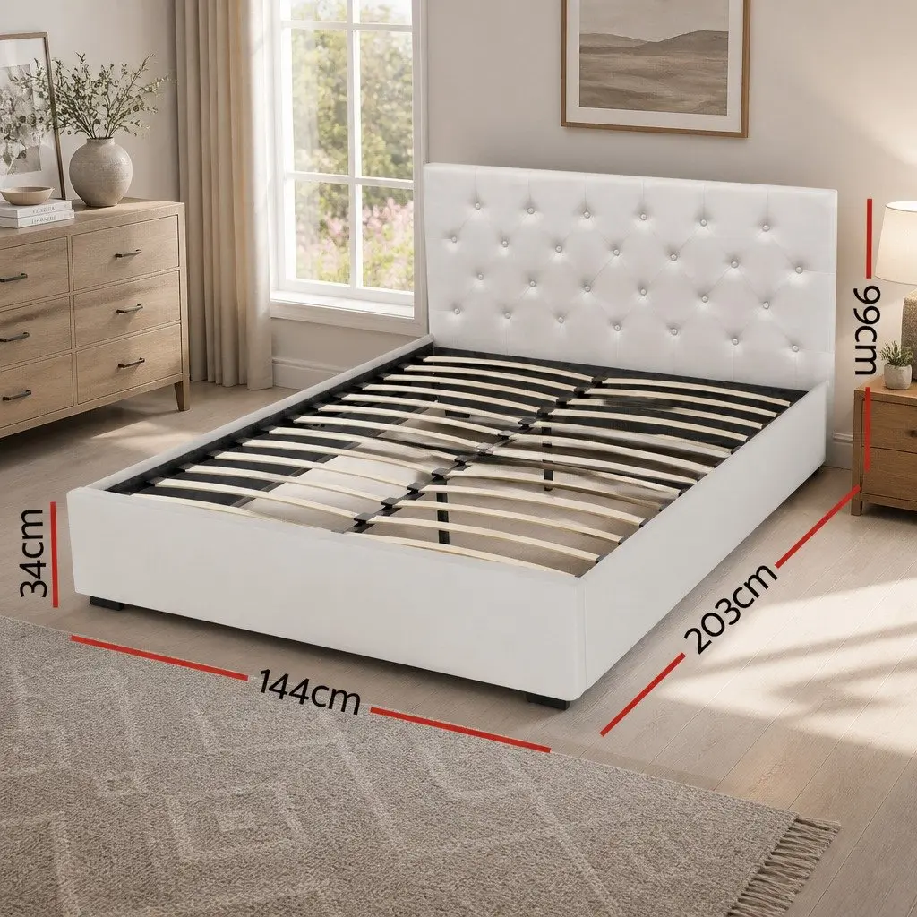Beige Upholstered Double Bed Frame with Gas Lift Storage