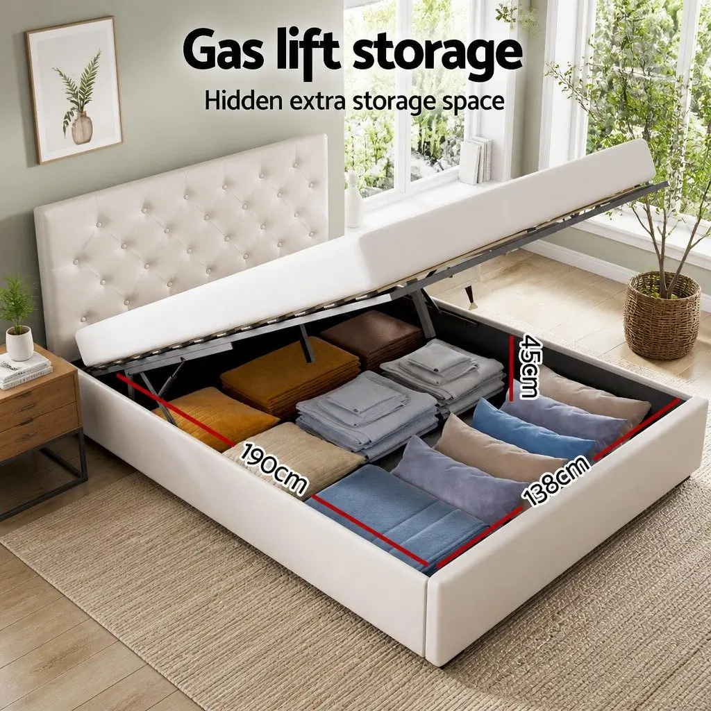 Beige Upholstered Double Bed Frame with Gas Lift Storage