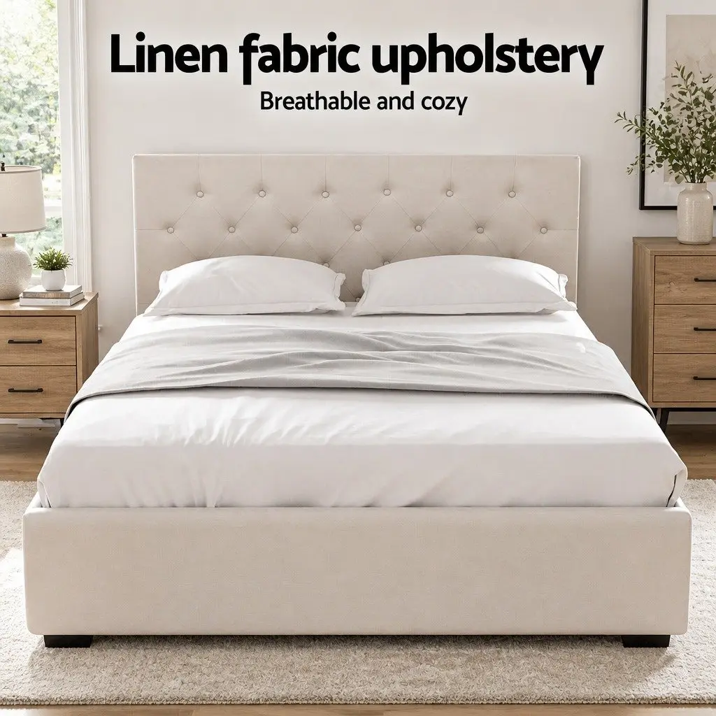 Beige Upholstered Double Bed Frame with Gas Lift Storage