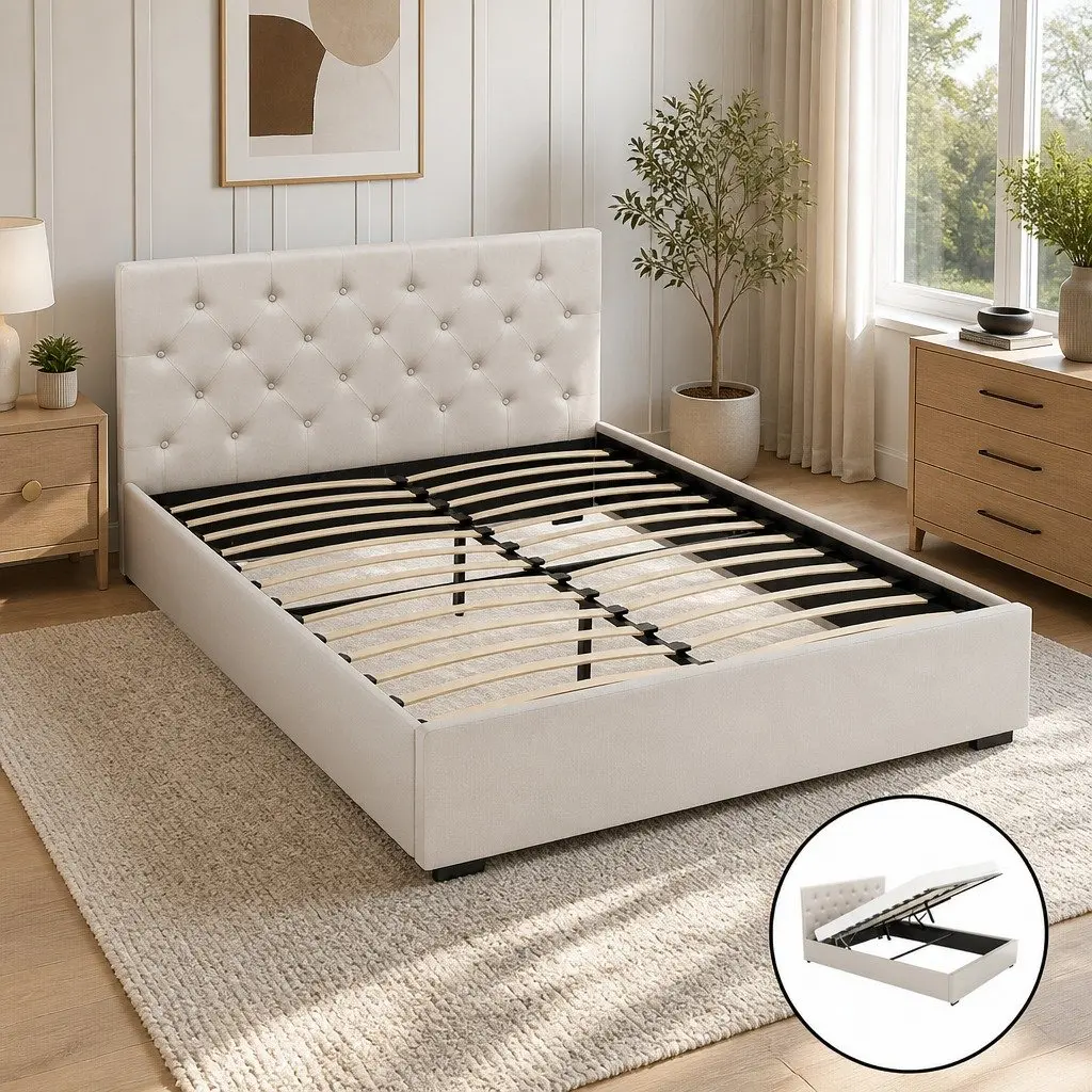 Beige Upholstered Double Bed Frame with Gas Lift Storage