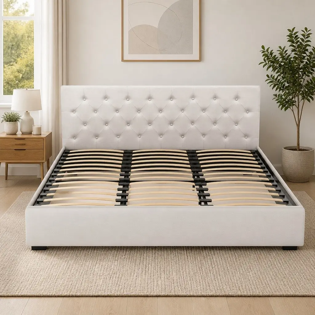 King Size Gas Lift Bed Frame Upholstered Headboard Beige Linen Fabric