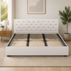 King Size Beige Upholstered Bed Frame with Gas Lift Storage