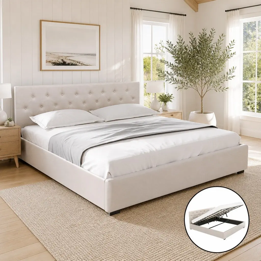 King Size Gas Lift Bed Frame Upholstered Headboard Beige Linen Fabric