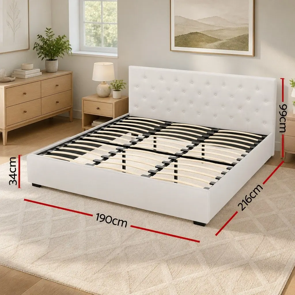King Size Gas Lift Bed Frame Upholstered Headboard Beige Linen Fabric