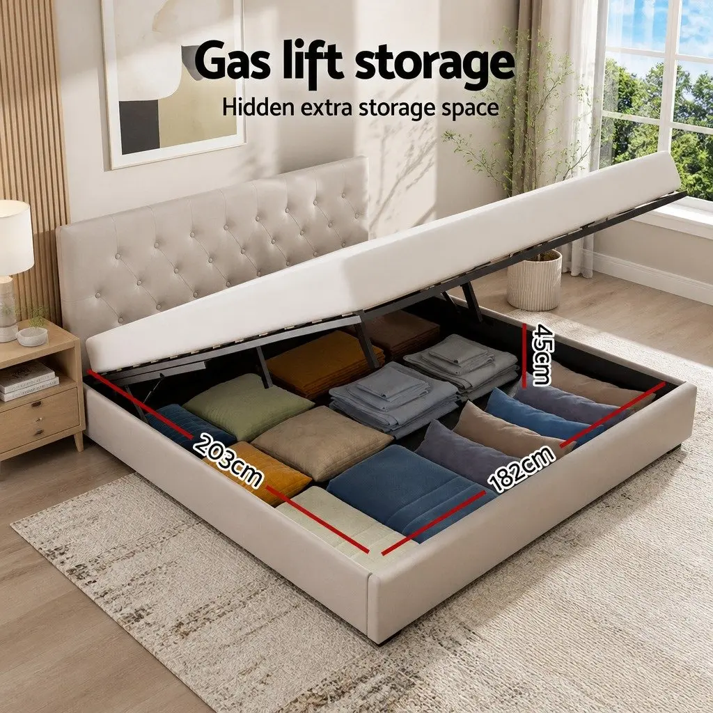 King Size Gas Lift Bed Frame Upholstered Headboard Beige Linen Fabric