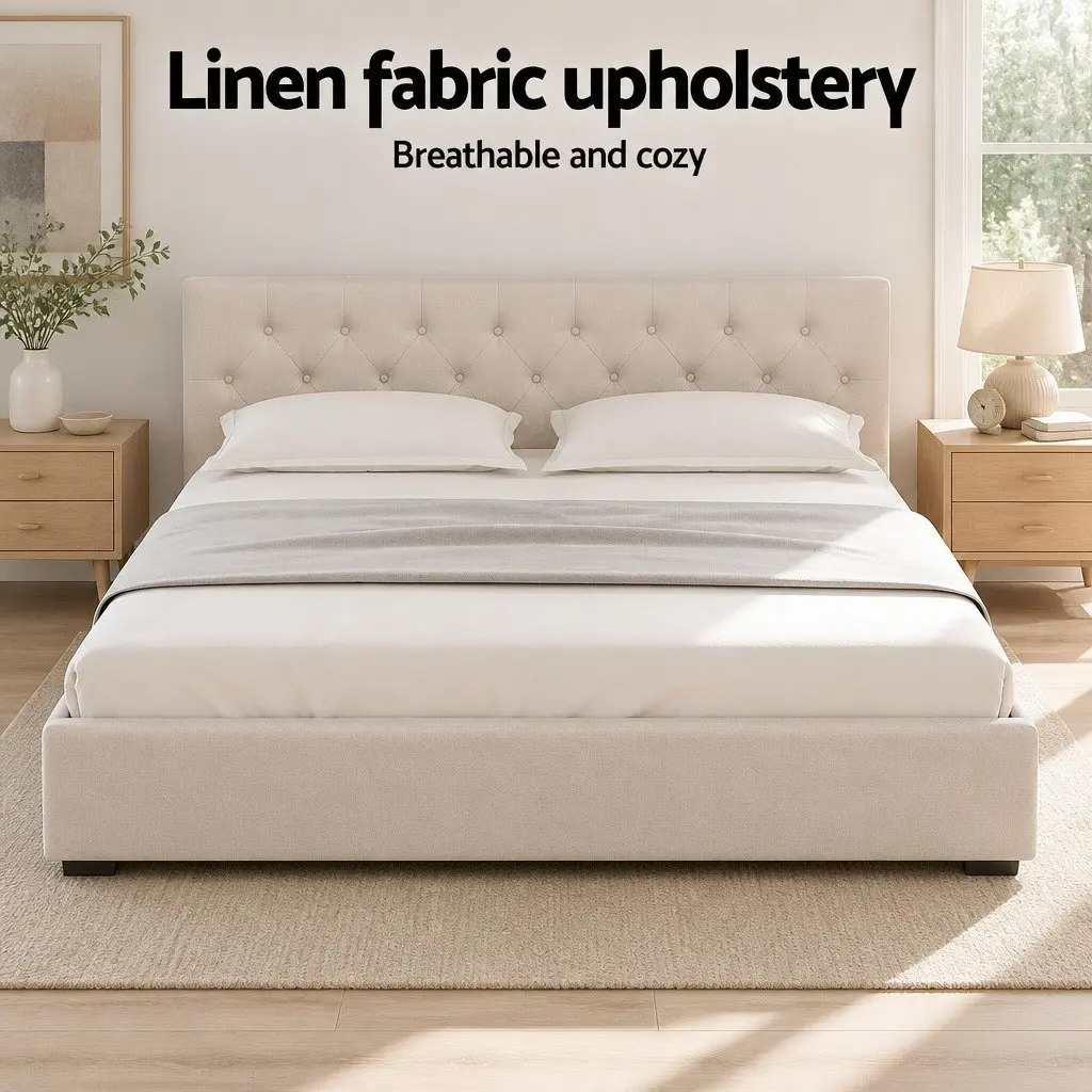 King Size Gas Lift Bed Frame Upholstered Headboard Beige Linen Fabric