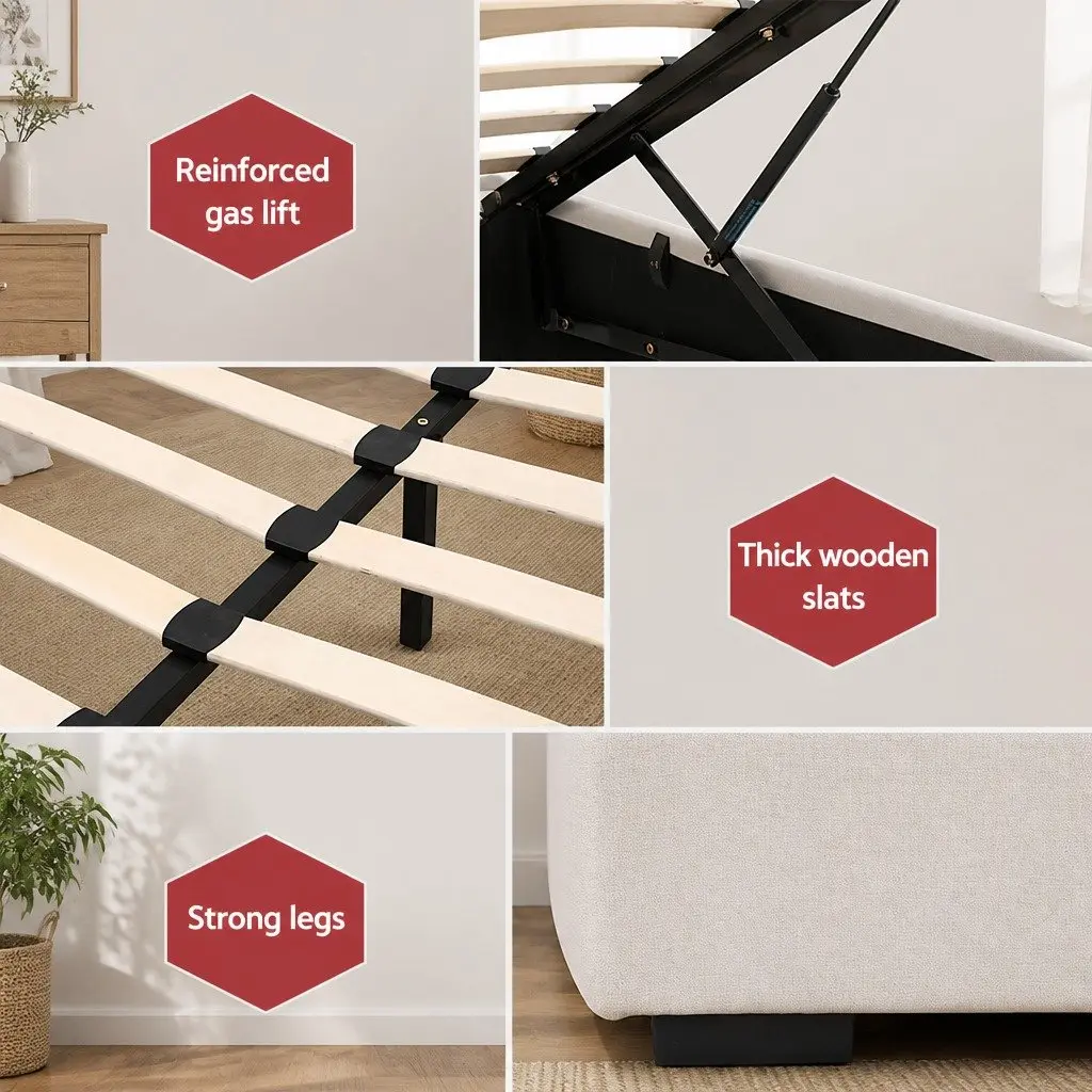 King Size Gas Lift Bed Frame Upholstered Headboard Beige Linen Fabric
