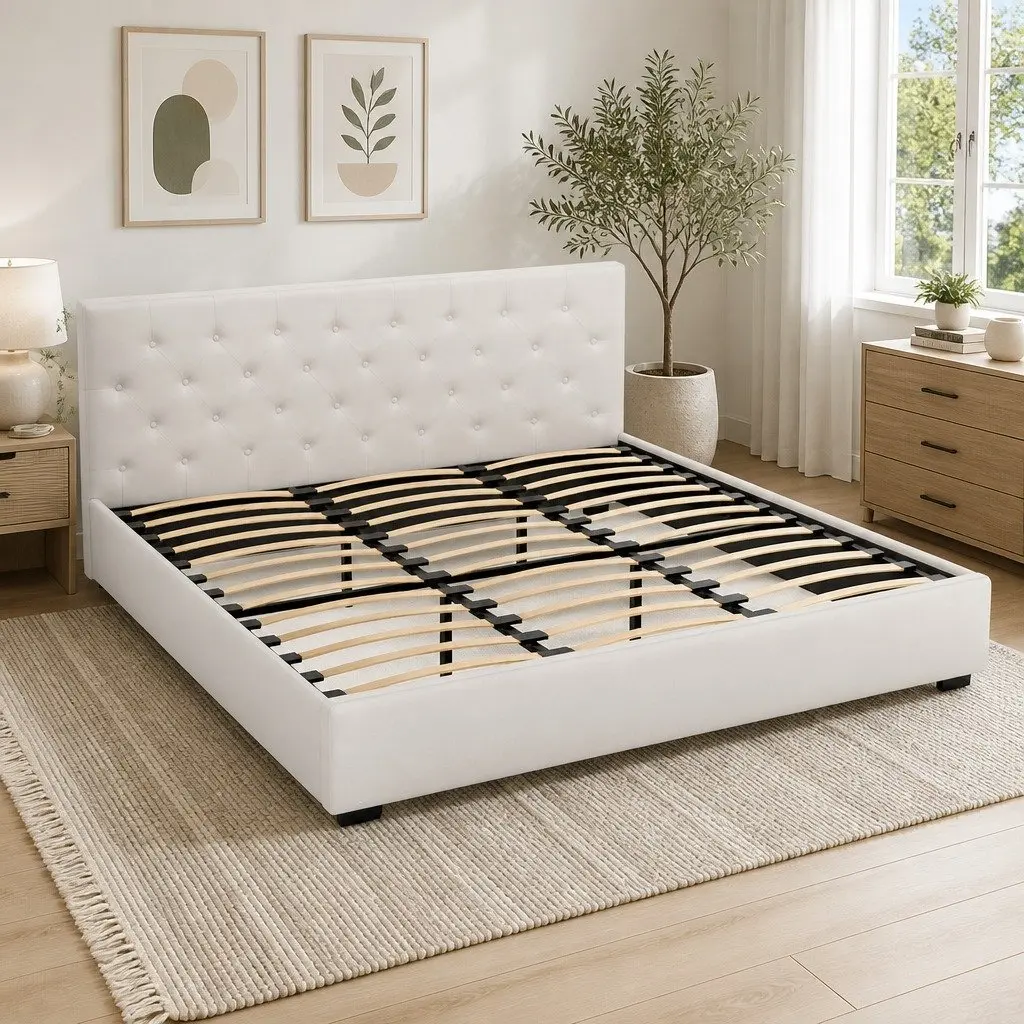 King Size Gas Lift Bed Frame Upholstered Headboard Beige Linen Fabric