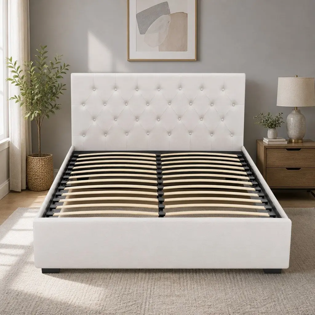 Beige Upholstered Queen Size Gas Lift Storage Bed Frame
