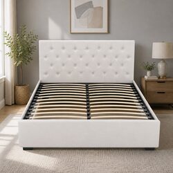 Beige Upholstered Queen Size Gas Lift Storage Bed Frame