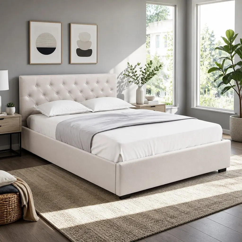 Beige Upholstered Queen Size Gas Lift Storage Bed Frame
