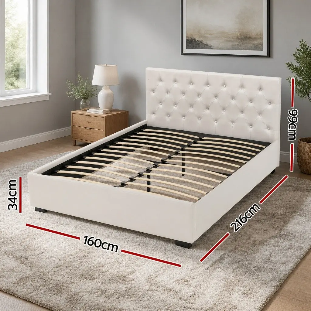 Beige Upholstered Queen Size Gas Lift Storage Bed Frame