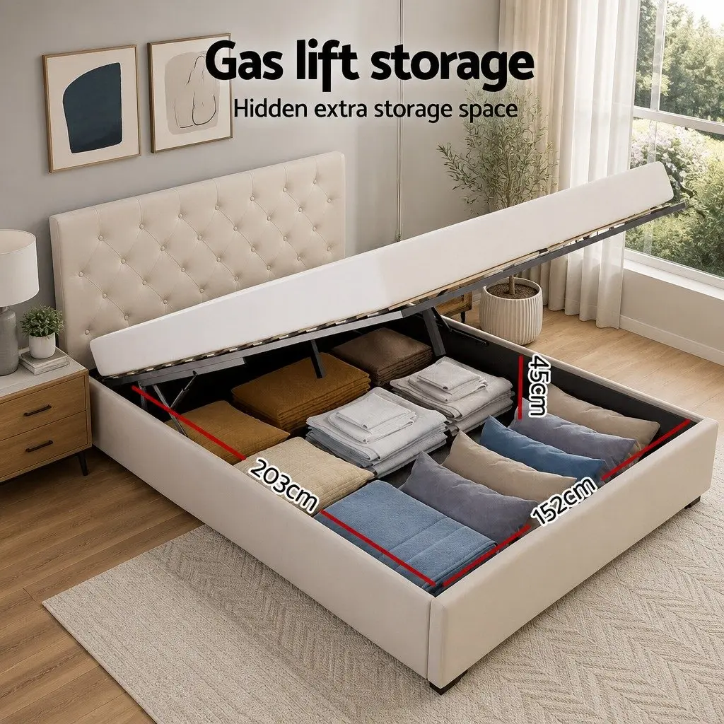 Beige Upholstered Queen Size Gas Lift Storage Bed Frame