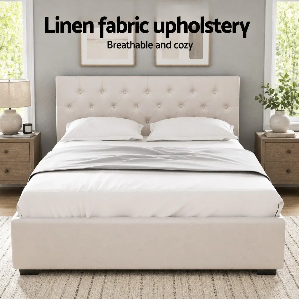 Beige Upholstered Queen Size Gas Lift Storage Bed Frame