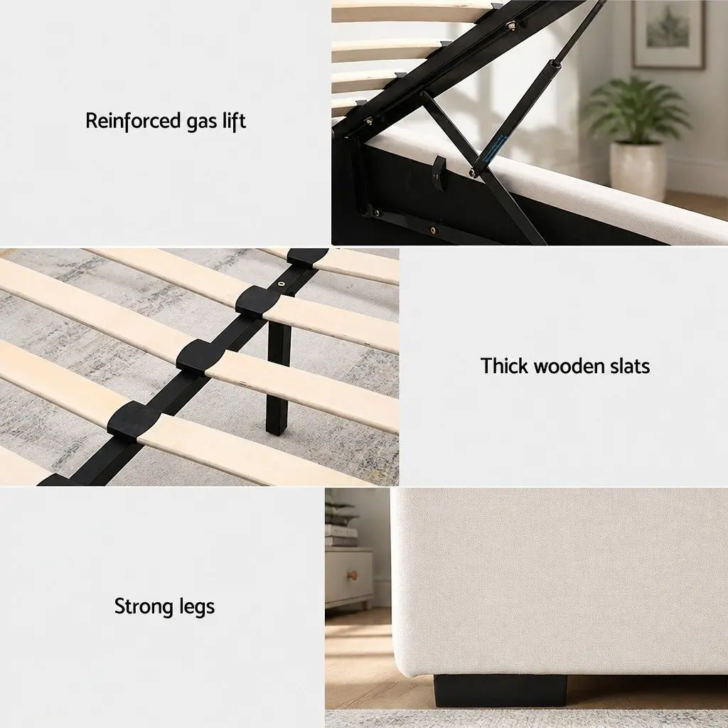 Beige Upholstered Queen Size Gas Lift Storage Bed Frame