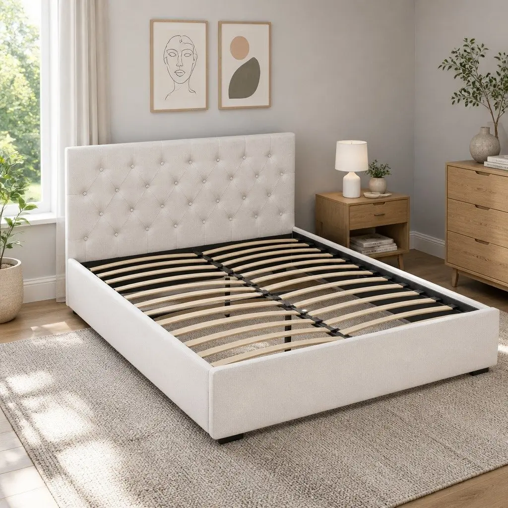 Beige Upholstered Queen Size Gas Lift Storage Bed Frame